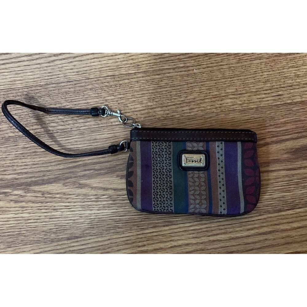 Fossil Wristlet Card ID Wallet Leather Trim Zip Fun Stripes Boho Chic